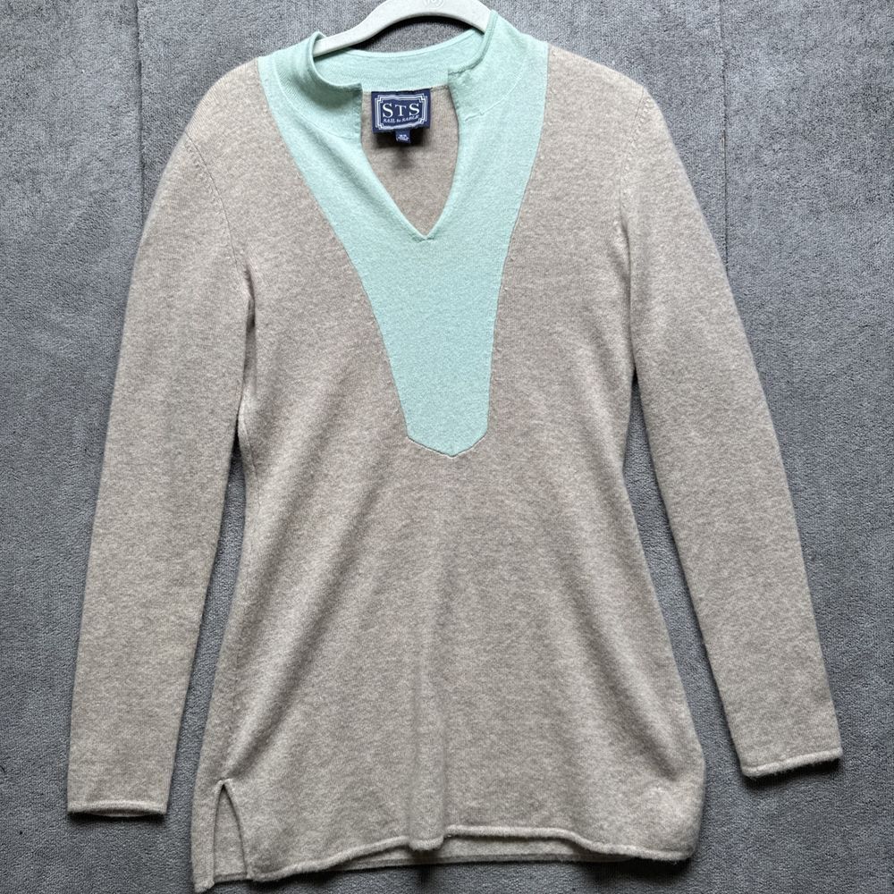 Sail To Sable 100% Cashmere Sweater XS Beige Green Preppy Pullover Lightweight